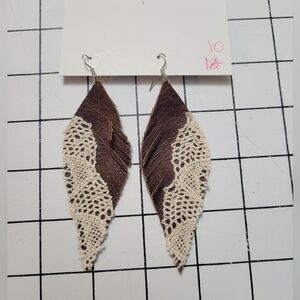 Brown Leather And Lace Feather Shaped Earrings